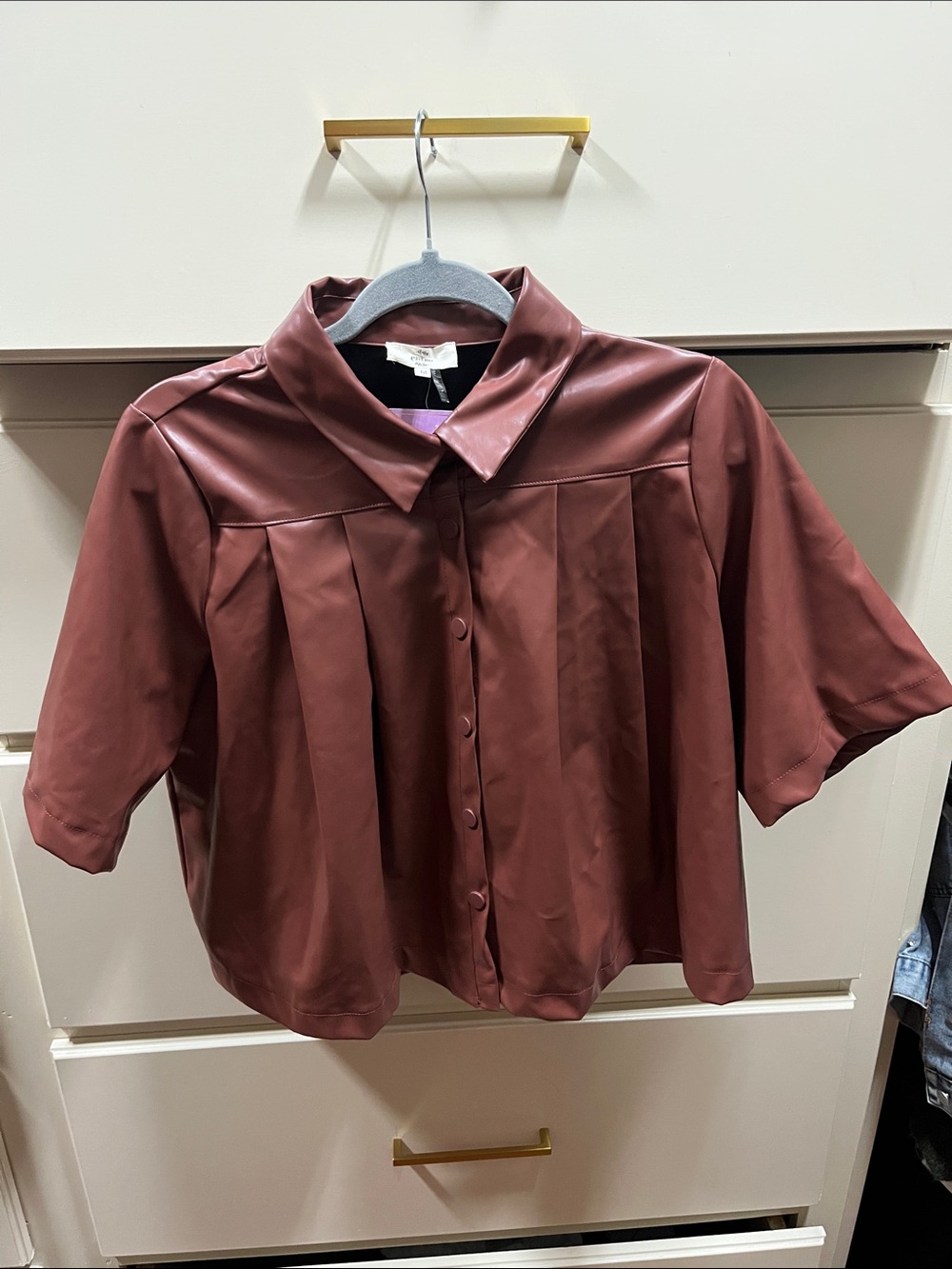 Entro Woven Faux-Leather Short Sleeve Button Front Top - Brown